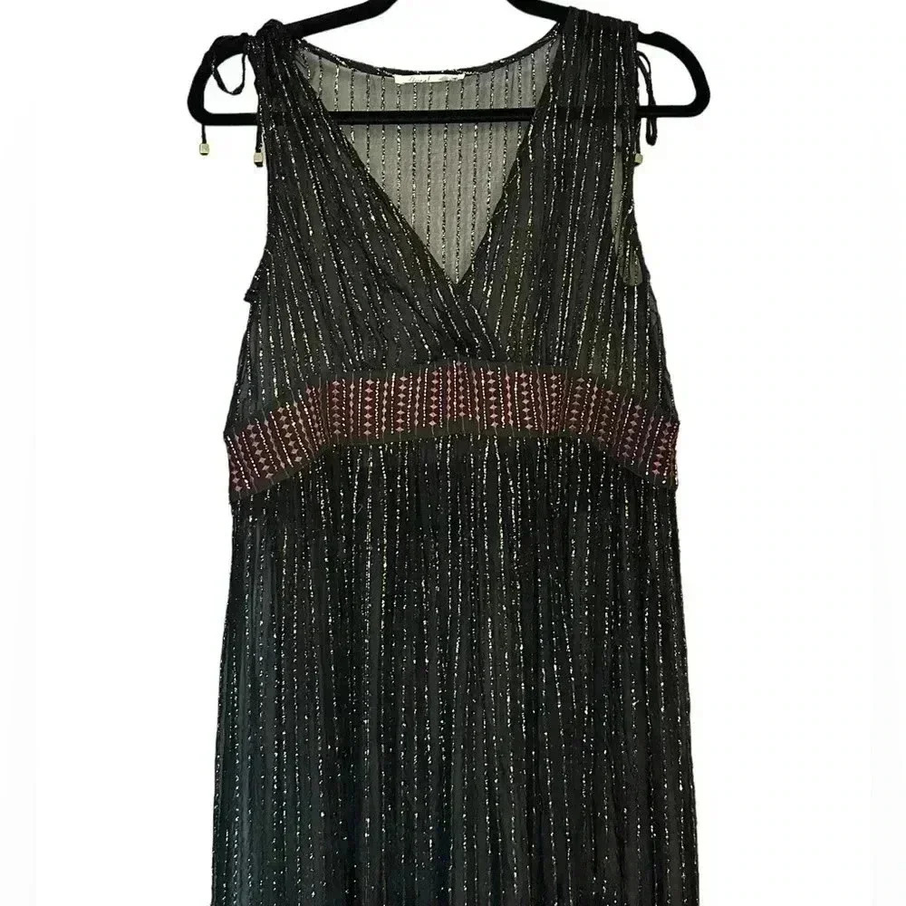 Anthropologie Floreat Annecy Midi Sheer Dress Gold Embellished Shimmer Sz 2 - Picture 2 of 5